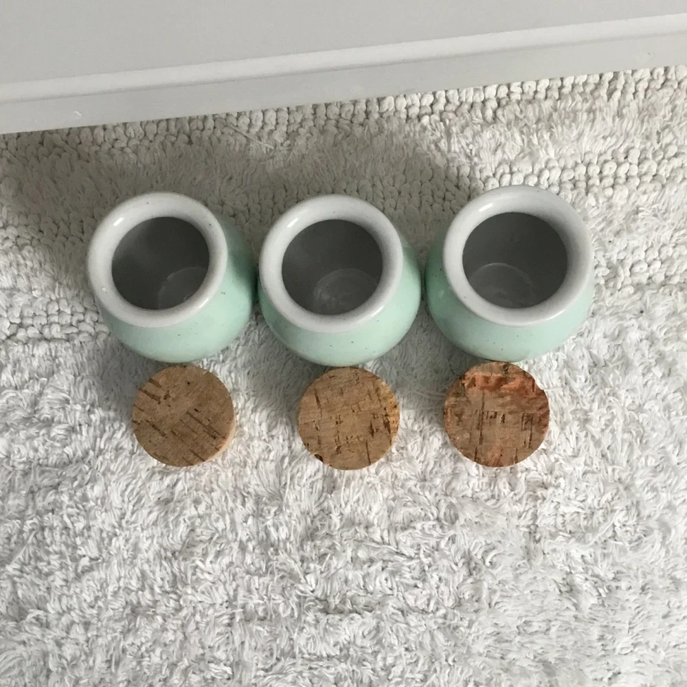 PENTIK FINLAND Set of Three Cork Lid Spice Jars Light Turquoise color.